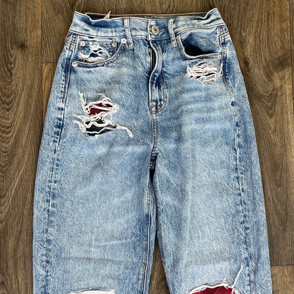 American Eagle Women Size 0 Highest Rise 90s Boyfriend Straight Leg Plaid Jeans - Picture 9 of 9